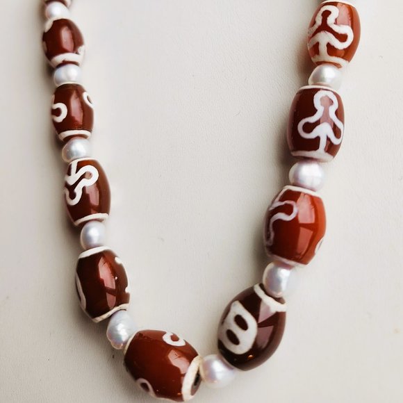 One of Kind Necklace Etched Carnelian and Genuine Pearls - Picture 2 of 2